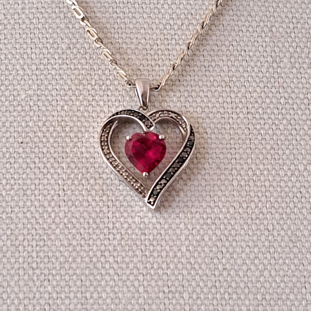 925 Silver Heart Pendent with Black and White Diamonds and Floating Ruby